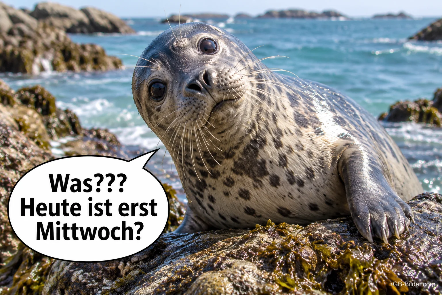 Seehund schaut verdutzt von einem Felsen, Text: Was??? Heute ist erst Mittwoch? Seehund schaut verdutzt von einem Felsen, Text: Was??? Heute ist erst Mittwoch?