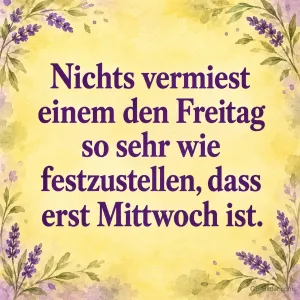 Lila Schrift auf gelbem Grund mit Lavendel, Text: Nichts vermiest einem den Freitag so sehr wie festzustellen, dass erst Mittwoch ist.