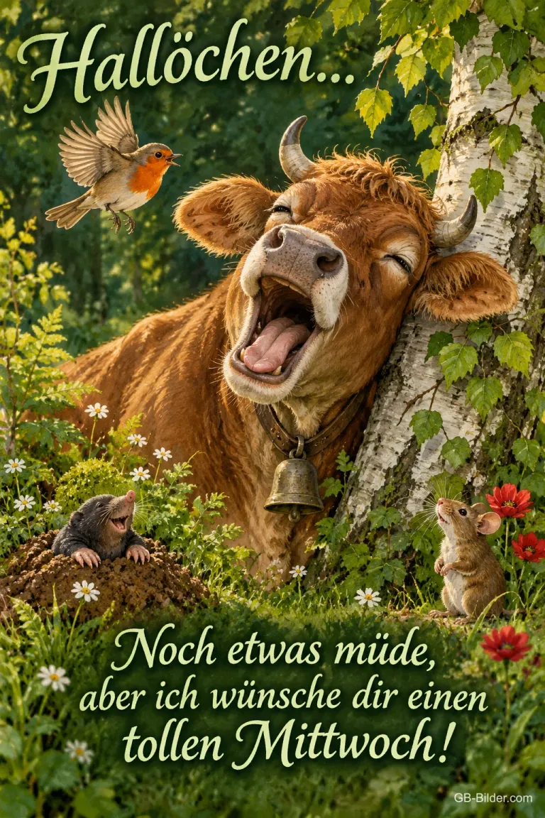 Kuh gähnt herzhaft an einer Birke, Rotkehlchen und Maus, Text: Hallöchen … – Noch etwas müde, aber ich wünsche dir einen tollen Mittwoch!