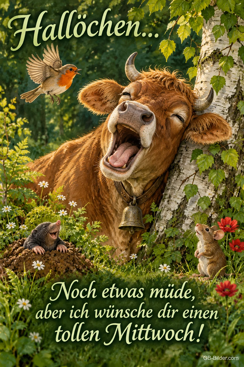 Kuh gähnt herzhaft an einer Birke, Rotkehlchen und Maus, Text: Hallöchen … – Noch etwas müde, aber ich wünsche dir einen tollen Mittwoch!