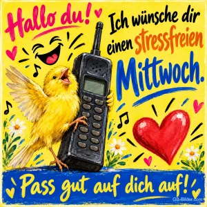 Gelber Kanarienvogel singt neben einem alten Handy und einem roten Herz, Text: Hallo du! Ich wünsche dir einen stressfreien Mittwoch. Pass gut auf dich auf!
