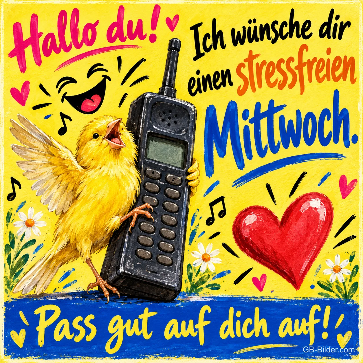 Gelber Kanarienvogel singt neben einem alten Handy und einem roten Herz, Text: Hallo du! Ich wünsche dir einen stressfreien Mittwoch. Pass gut auf dich auf!