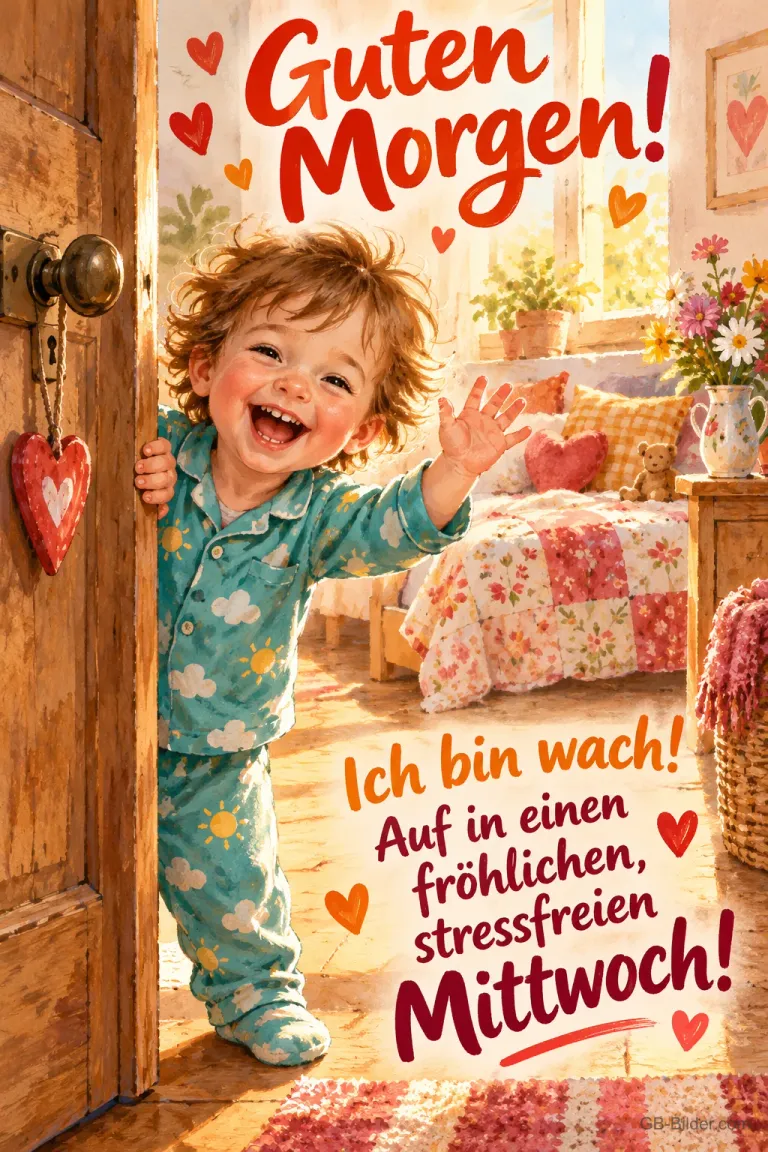 Lachendes Kleinkind im Schlafanzug winkt an der Tür, Text: Guten Morgen! – Ich bin wach! Auf in einen fröhlichen, stressfreien Mittwoch!
