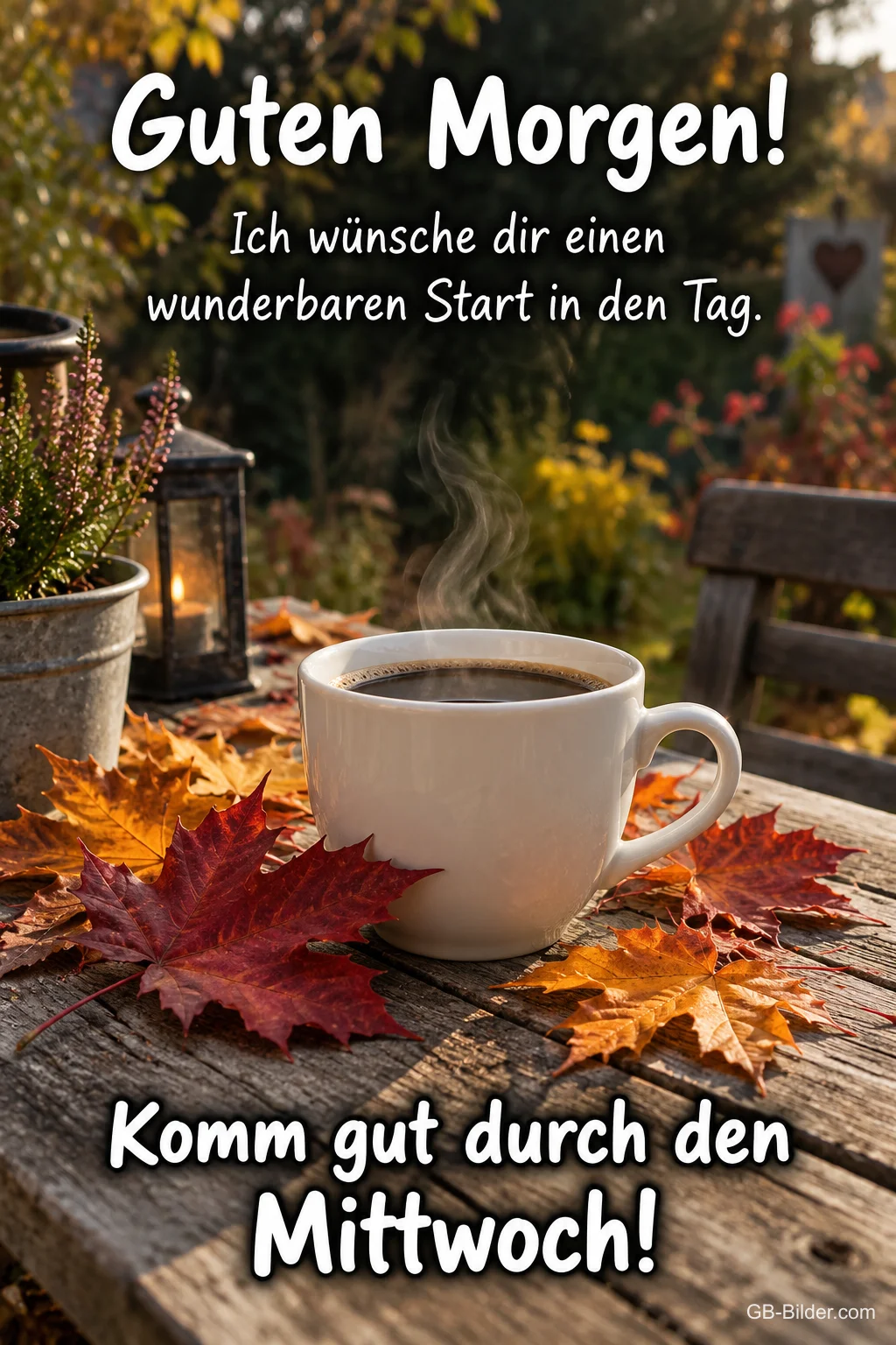 Kaffeetasse mit Herbstlaub auf einem Gartentisch, Text: Guten Morgen! – Ich wünsche dir einen wunderbaren Start in den Tag. Komm gut durch den Mittwoch!
