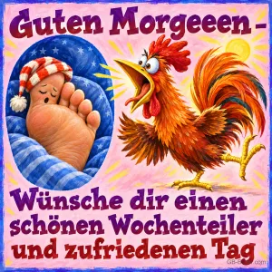 Hahn kräht laut neben schlafenden Füßen unter einer Bettdecke, Text: Guten Morgeeen – Wünsche dir einen schönen Wochenteiler und zufriedenen Tag