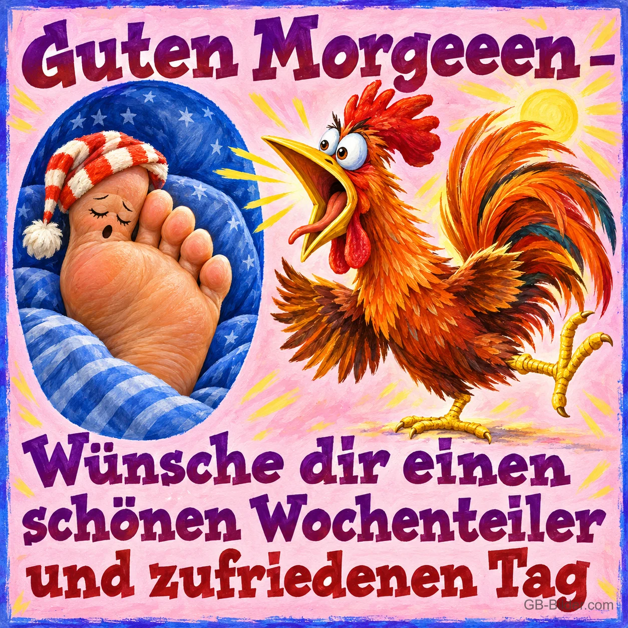 Hahn kräht laut neben schlafenden Füßen unter einer Bettdecke, Text: Guten Morgeeen – Wünsche dir einen schönen Wochenteiler und zufriedenen Tag