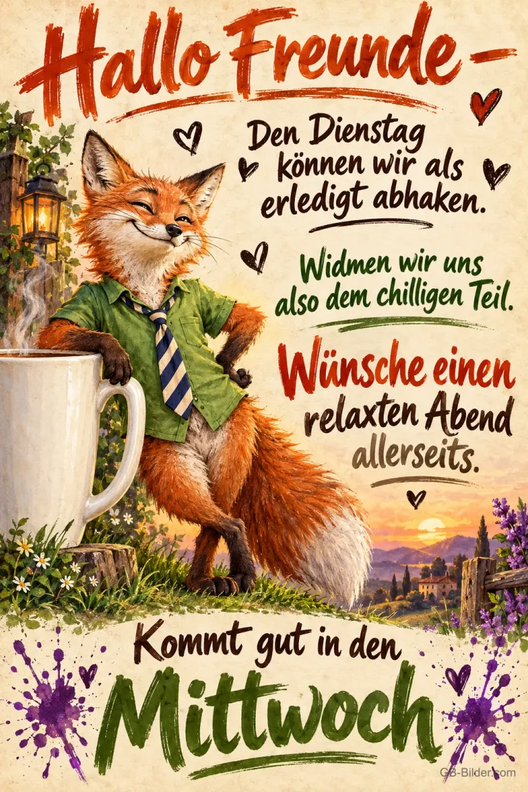 Fuchs mit Hemd und Krawatte lehnt entspannt an einer großen Tasse, Text: Hallo Freunde – Den Dienstag können wir als erledigt abhaken. Widmen wir uns also dem chilligen Teil. Wünsche einen relaxten Abend allerseits. Kommt gut in den Mittwoch