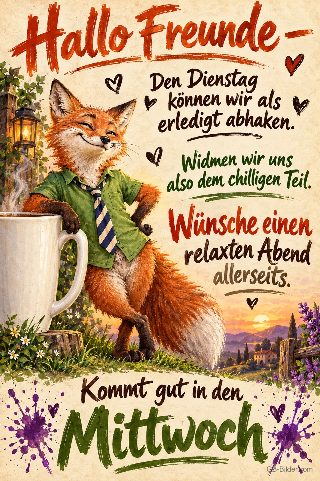 Fuchs mit Hemd und Krawatte lehnt entspannt an einer großen Tasse, Text: Hallo Freunde – Den Dienstag können wir als erledigt abhaken. Widmen wir uns also dem chilligen Teil. Wünsche einen relaxten Abend allerseits. Kommt gut in den Mittwoch