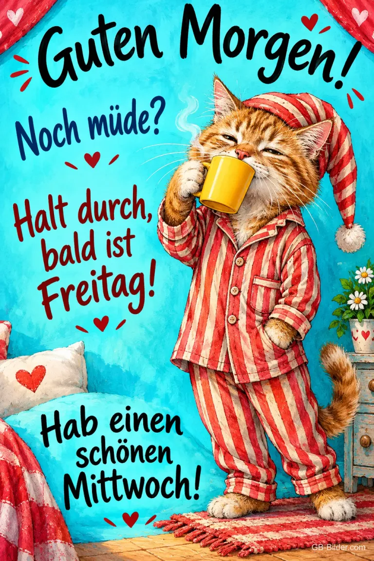 Rote Katze im gestreiften Schlafanzug trinkt verschlafen aus einer gelben Tasse, Text: Guten Morgen! Noch müde? Halt durch, bald ist Freitag! Hab einen schönen Mittwoch!