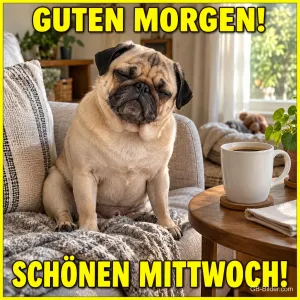 Mops sitzt verschlafen auf dem Sofa neben Kaffee, Text: GUTEN MORGEN! – SCHÖNEN MITTWOCH!
