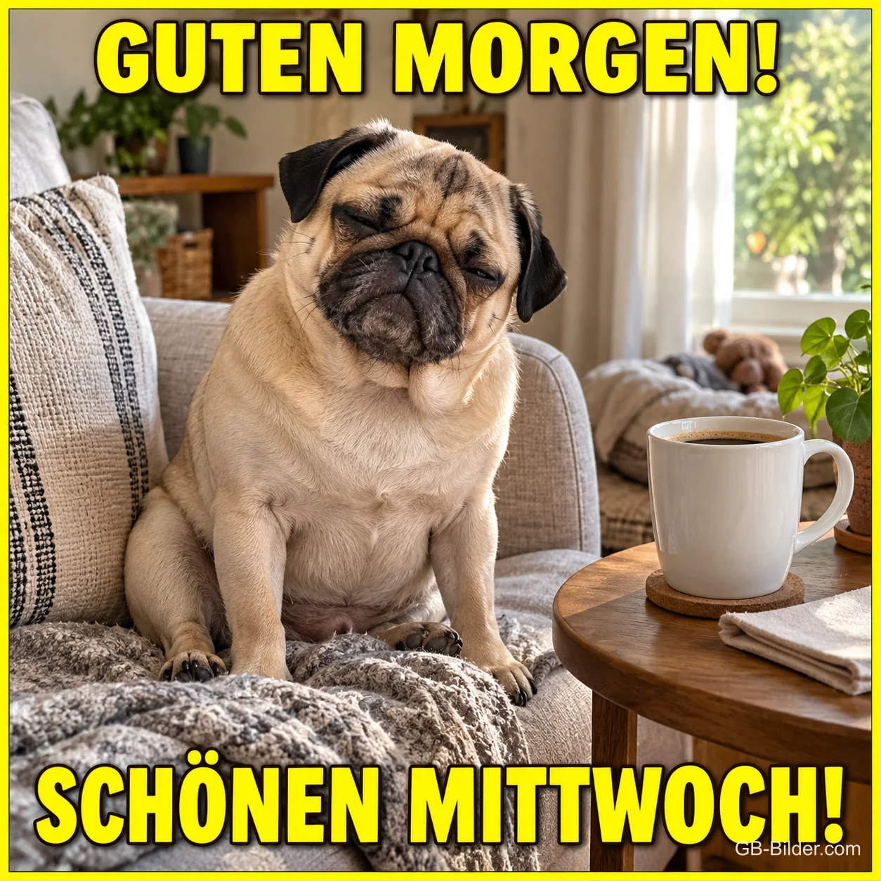 Mops sitzt verschlafen auf dem Sofa neben Kaffee, Text: GUTEN MORGEN! – SCHÖNEN MITTWOCH!