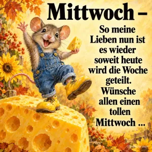 Maus in Latzhose steht winkend auf einem großen Käse, Text: Mittwoch – So meine Lieben nun ist es wieder soweit heute wird die Woche geteilt. Wünsche allen einen tollen Mittwoch ...