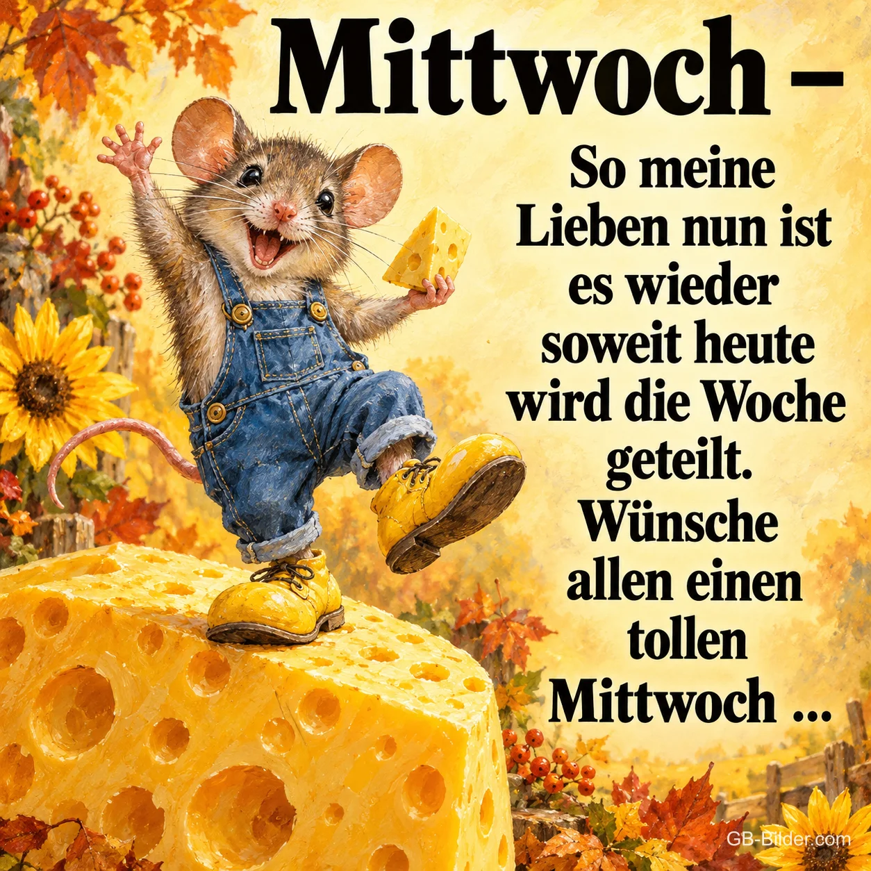 Maus in Latzhose steht winkend auf einem großen Käse, Text: Mittwoch – So meine Lieben nun ist es wieder soweit heute wird die Woche geteilt. Wünsche allen einen tollen Mittwoch ...