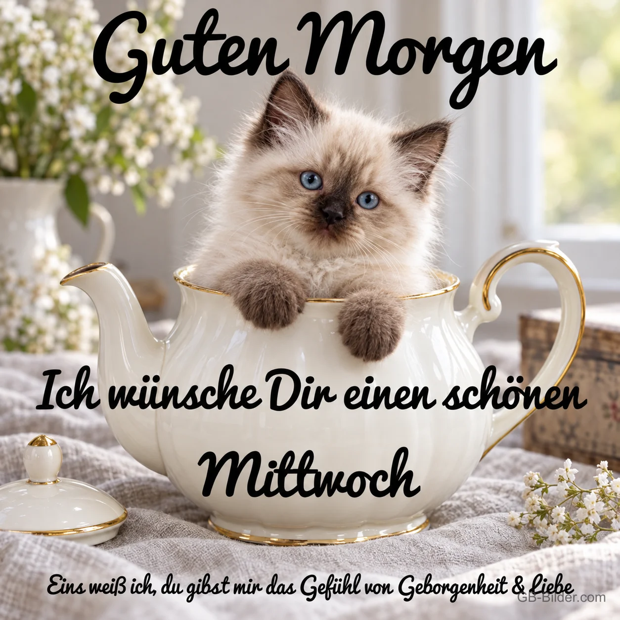 Kätzchen in der Teekanne, Text: Guten Morgen