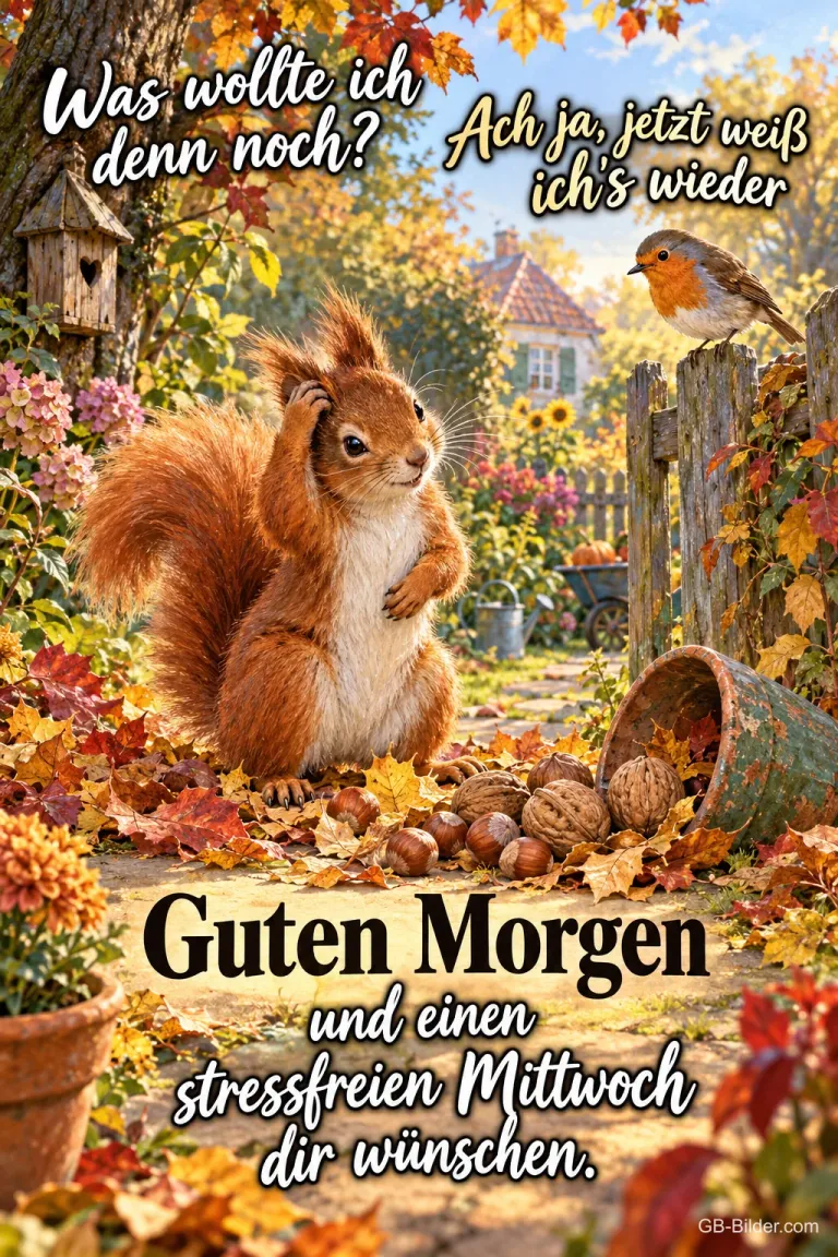Eichhörnchen kratzt sich am Kopf neben einem Haufen Nüsse, Rotkehlchen am Zaun, Text: Was wollte ich denn noch? Ach ja, jetzt weiß ich's wieder: – Guten Morgen und einen stressfreien Mittwoch dir wünschen.