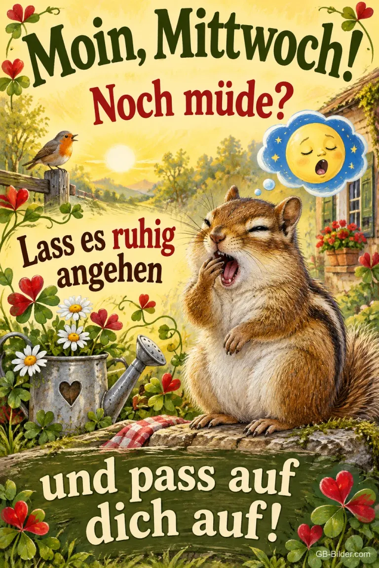 Streifenhörnchen gähnt herzhaft im Garten, Kleeblätter und Rotkehlchen, Text: Moin, Mittwoch! Noch müde? Lass es ruhig angehen und pass auf dich auf!
