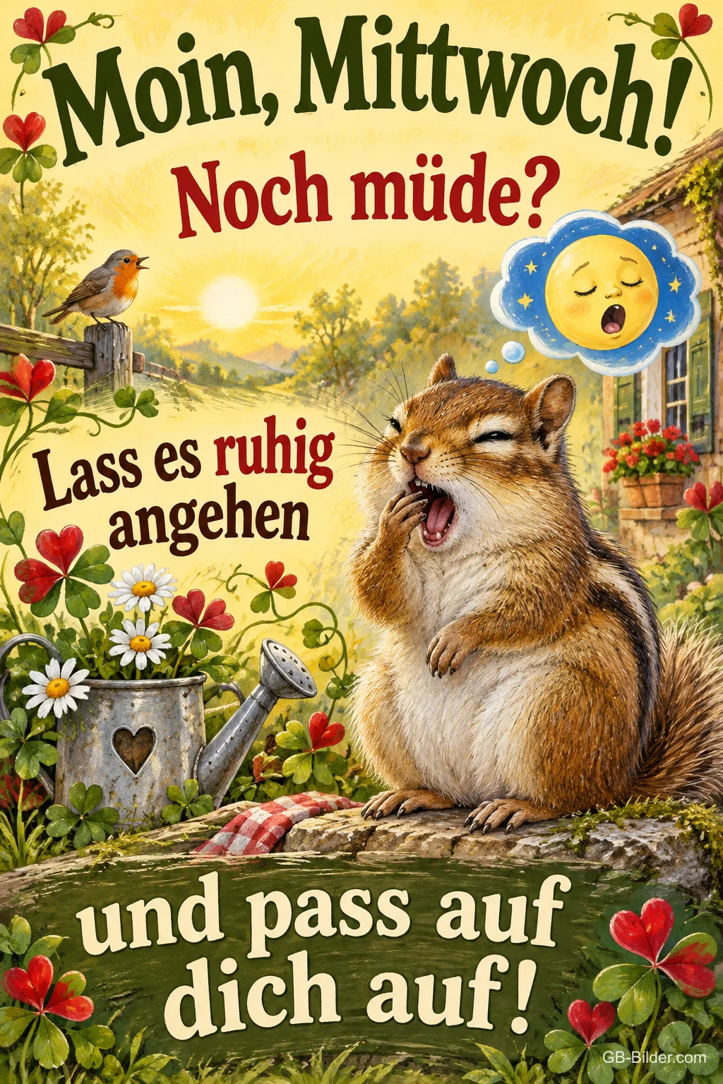 Streifenhörnchen gähnt herzhaft im Garten, Kleeblätter und Rotkehlchen, Text: Moin, Mittwoch! Noch müde? Lass es ruhig angehen und pass auf dich auf!