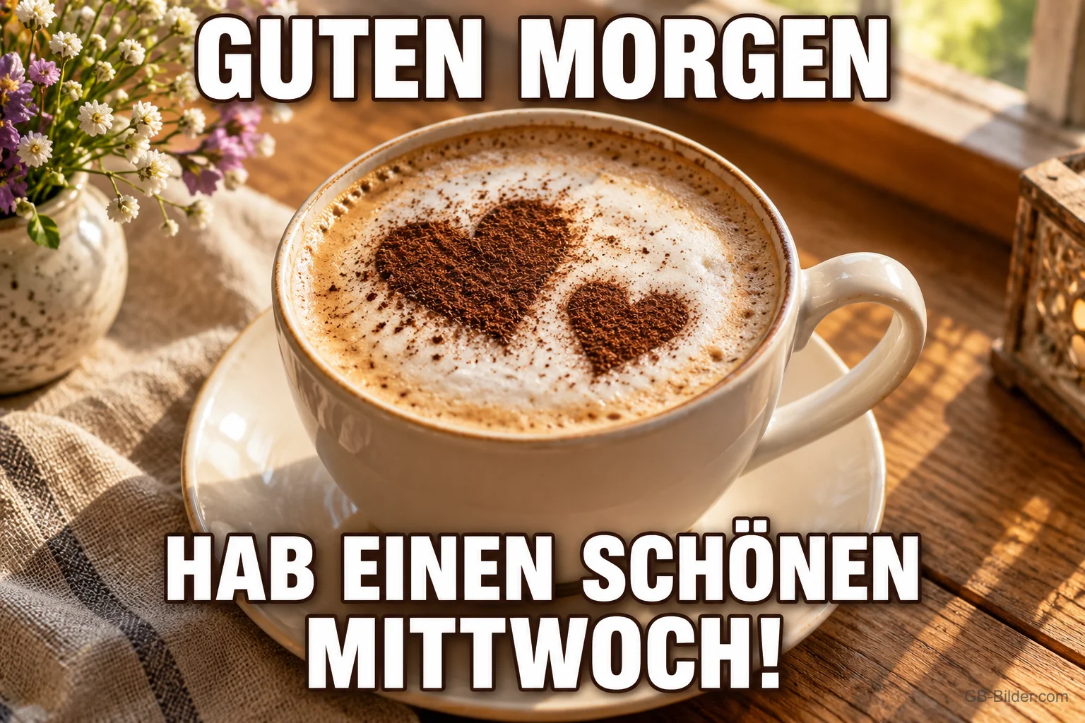 Cappuccino mit Kakaoherzen, Text: GUTEN MORGEN – HAB EINEN SCHÖNEN MITTWOCH!