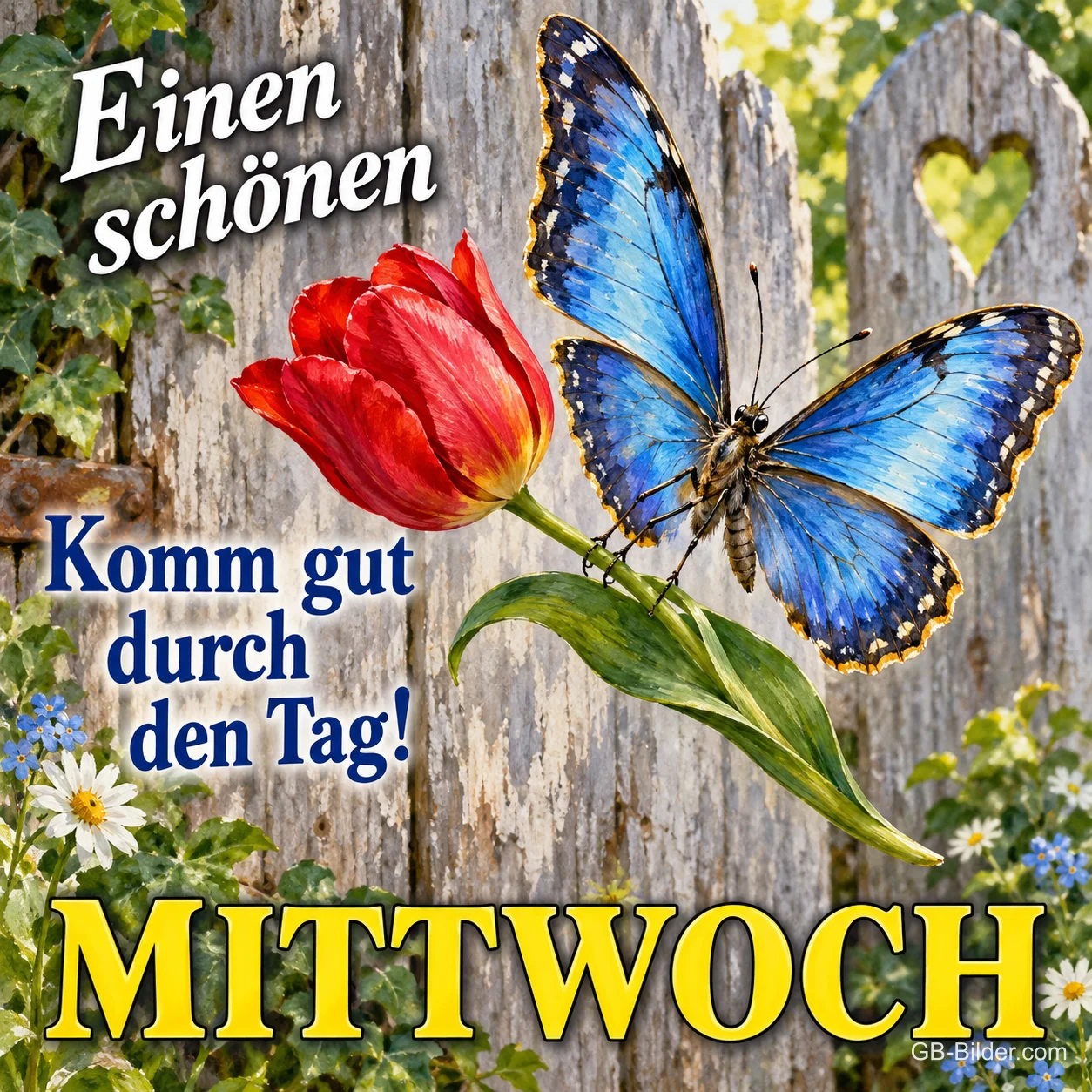 Blauer Schmetterling auf einer roten Tulpe am Holzzaun, Text: Einen schönen MITTWOCH – Komm gut durch den Tag!