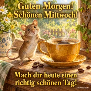 Maus winkt neben einer goldenen Kaffeetasse, Text: Guten Morgen! Schönen Mittwoch! – Mach dir heute einen richtig schönen Tag!