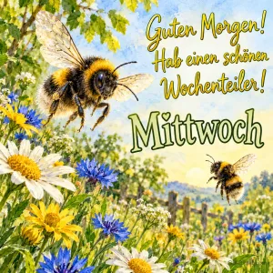 Hummeln über einer Blumenwiese, Text: Guten Morgen! Hab einen schönen Wochenteiler! – Mittwoch