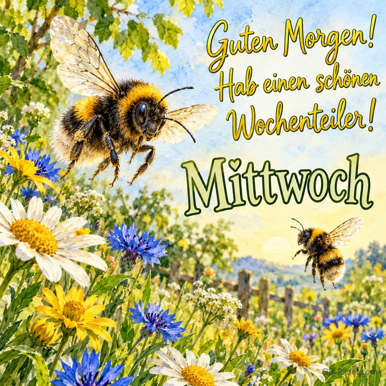 Hummeln über einer Blumenwiese, Text: Guten Morgen! Hab einen schönen Wochenteiler! – Mittwoch
