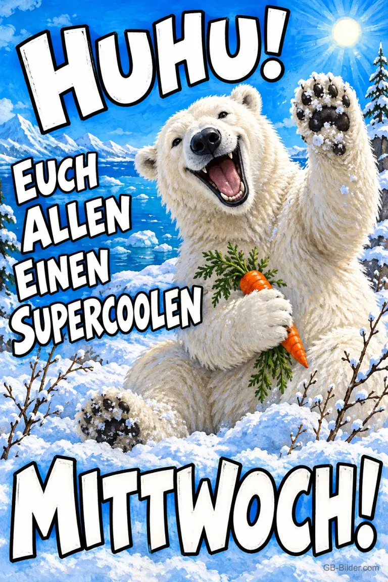 Lachender Eisbär winkt im Schnee und hält eine Möhre, Text: HUHU! EUCH ALLEN EINEN SUPERCOOLEN MITTWOCH!