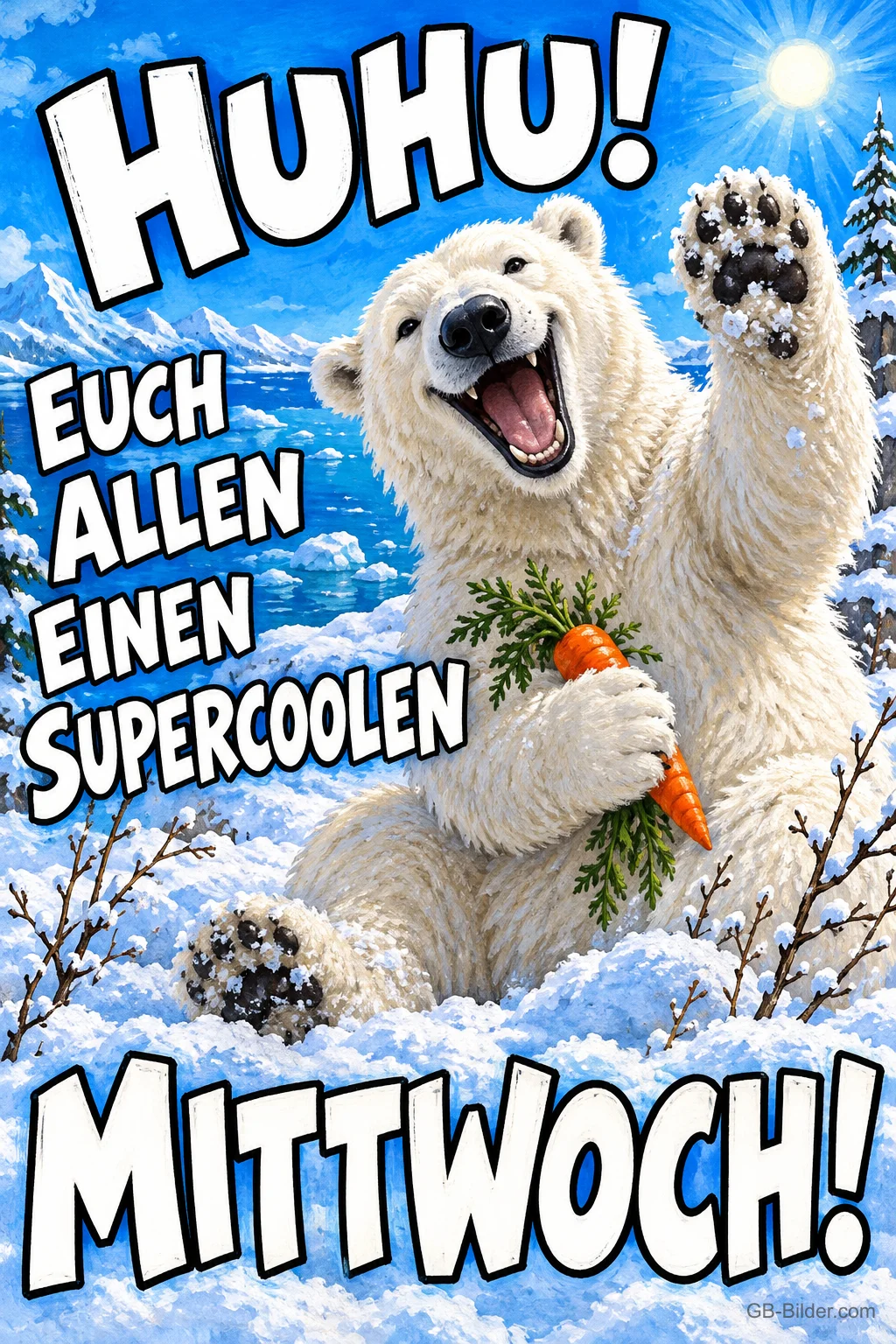 Lachender Eisbär winkt im Schnee und hält eine Möhre, Text: HUHU! EUCH ALLEN EINEN SUPERCOOLEN MITTWOCH!