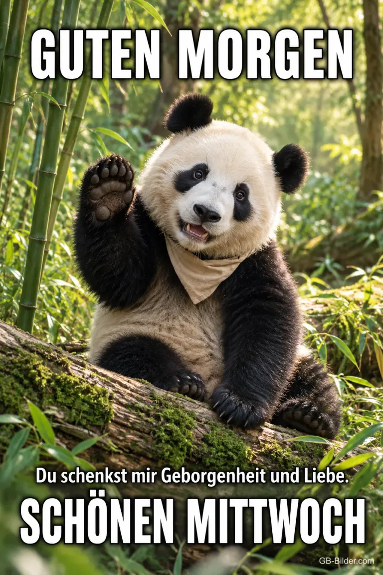 Pandajunges mit Halstuch winkt im Bambuswald, Text: GUTEN MORGEN – Du schenkst mir Geborgenheit und Liebe. SCHÖNEN MITTWOCH