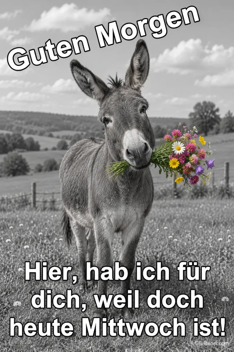Esel mit Blumenstrauß, Text: Guten Morgen