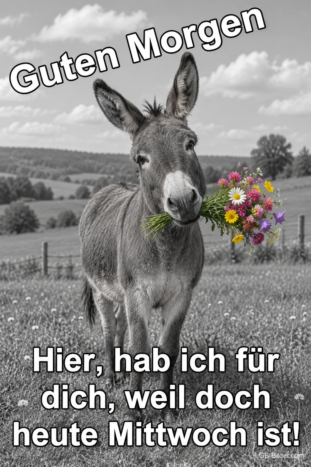 Esel mit Blumenstrauß, Text: Guten Morgen