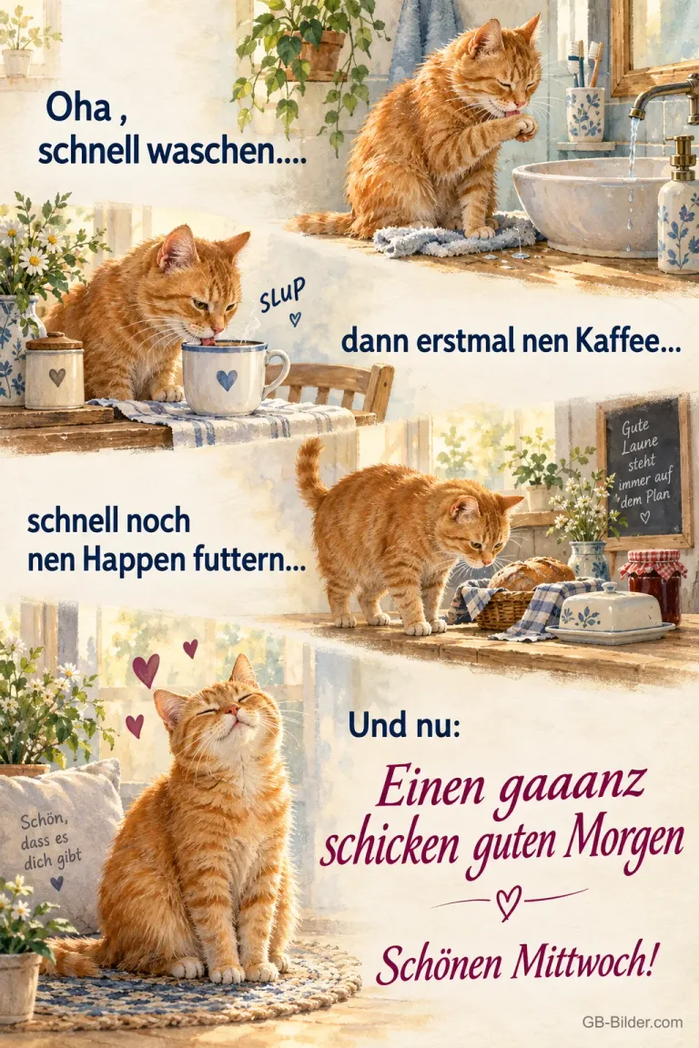 Rote Katze am Morgen, lustiger Spruch, Text: Oha, schnell waschen