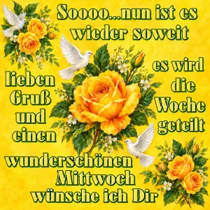 Gelbe Rosen und weiße Tauben auf gelbem Hintergrund, Text: Soooo… nun ist es wieder soweit, es wird die Woche geteilt. Lieben Gruß und einen wunderschönen Mittwoch wünsche ich Dir