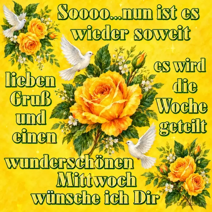 Gelbe Rosen und weiße Tauben auf gelbem Hintergrund, Text: Soooo… nun ist es wieder soweit, es wird die Woche geteilt. Lieben Gruß und einen wunderschönen Mittwoch wünsche ich Dir