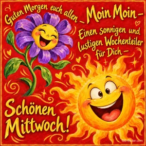 Lachende Sonne und lachende lila Blume auf Rot, Text: Moin Moin – Guten Morgen euch allen – Einen sonnigen und lustigen Wochenteiler für Dich – Schönen Mittwoch!