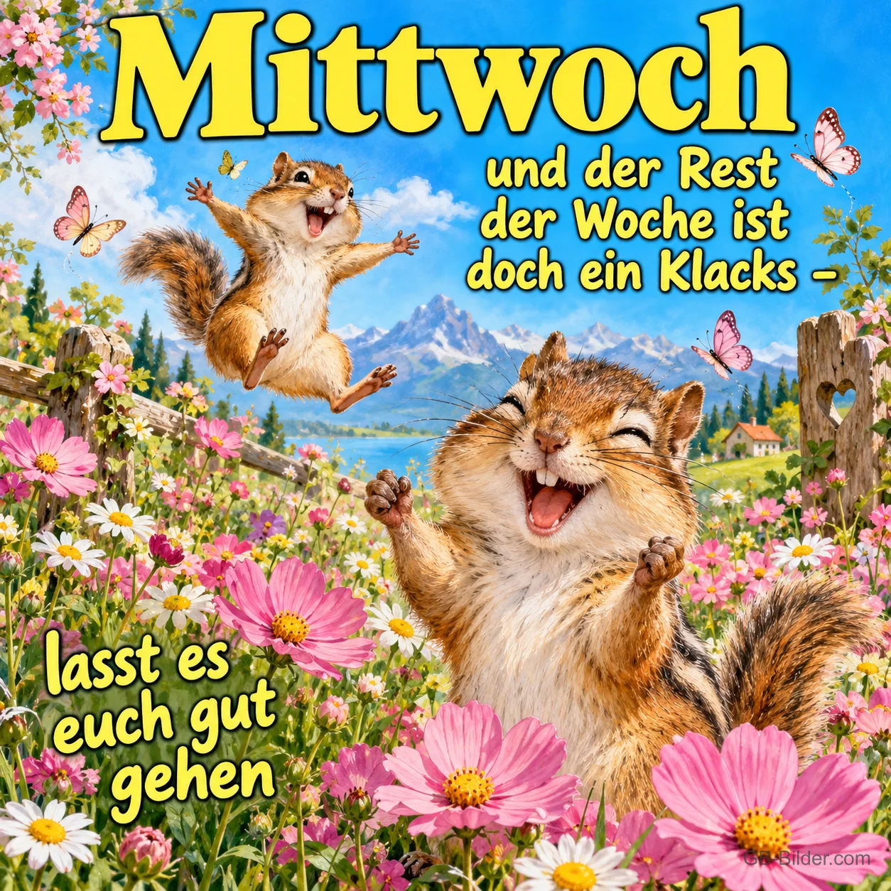 Zwei Streifenhörnchen springen jubelnd über eine Blumenwiese, Text: Mittwoch und der Rest der Woche ist doch ein Klacks – lasst es euch gut gehen