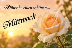 Cremefarbene Rose mit Tautropfen im Sonnenaufgang, Text: Wünsche einen schönen… Mittwoch