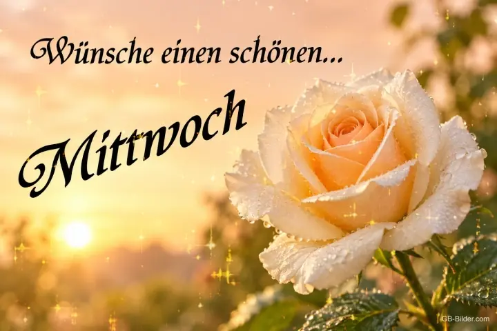 Cremefarbene Rose mit Tautropfen im Sonnenaufgang, Text: Wünsche einen schönen… Mittwoch