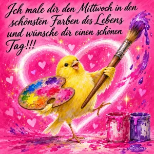 Gelbes Küken mit Pinsel und Farbpalette malt ein Herz auf Rosa, Text: Ich male dir den Mittwoch in den schönsten Farben des Lebens und wünsche dir einen schönen Tag!!!