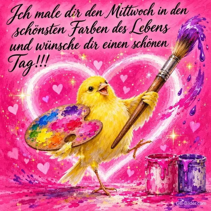 Gelbes Küken mit Pinsel und Farbpalette malt ein Herz auf Rosa, Text: Ich male dir den Mittwoch in den schönsten Farben des Lebens und wünsche dir einen schönen Tag!!!