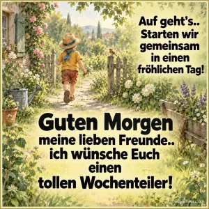 Junge am Gartentor, Text: Auf geht's