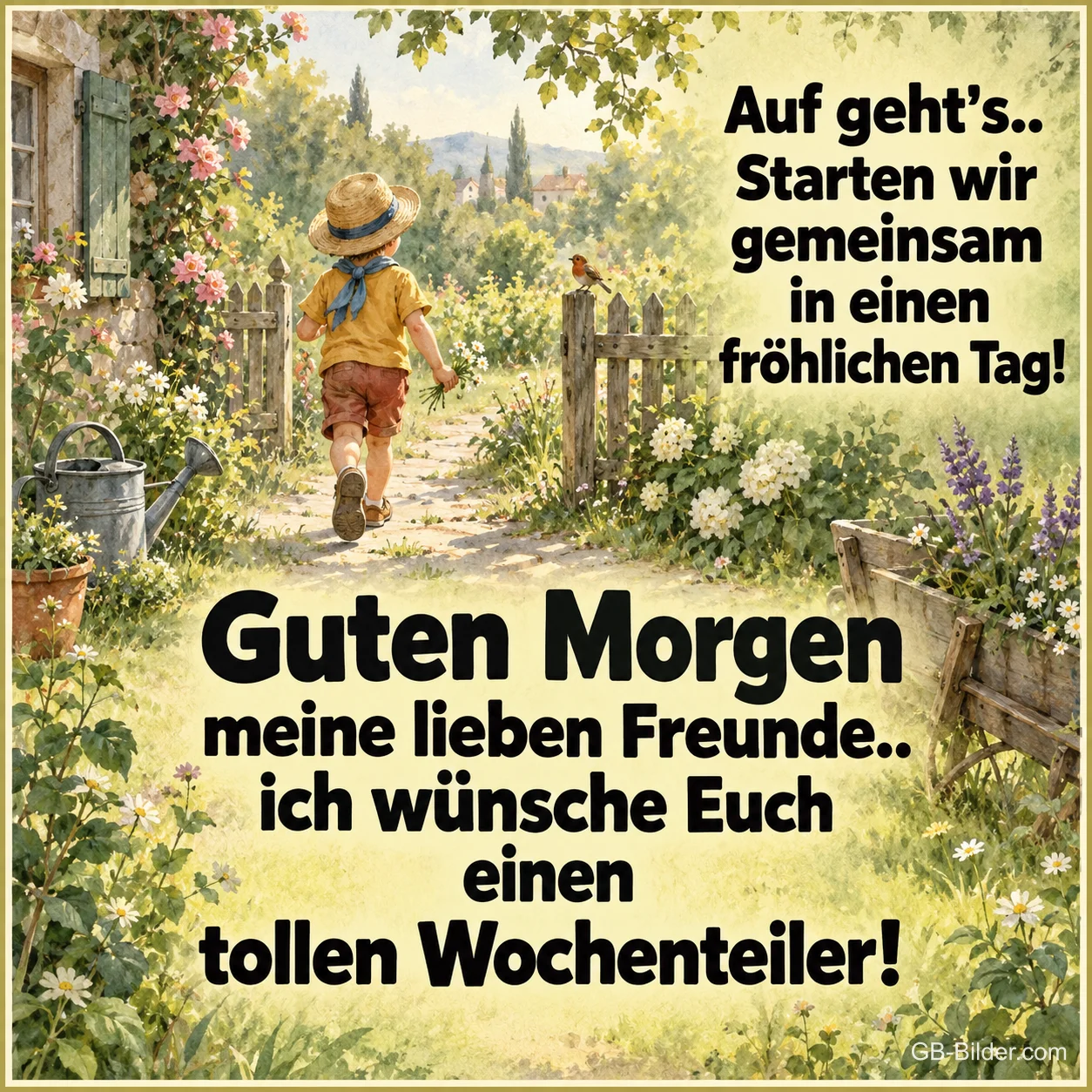 Junge am Gartentor, Text: Auf geht's