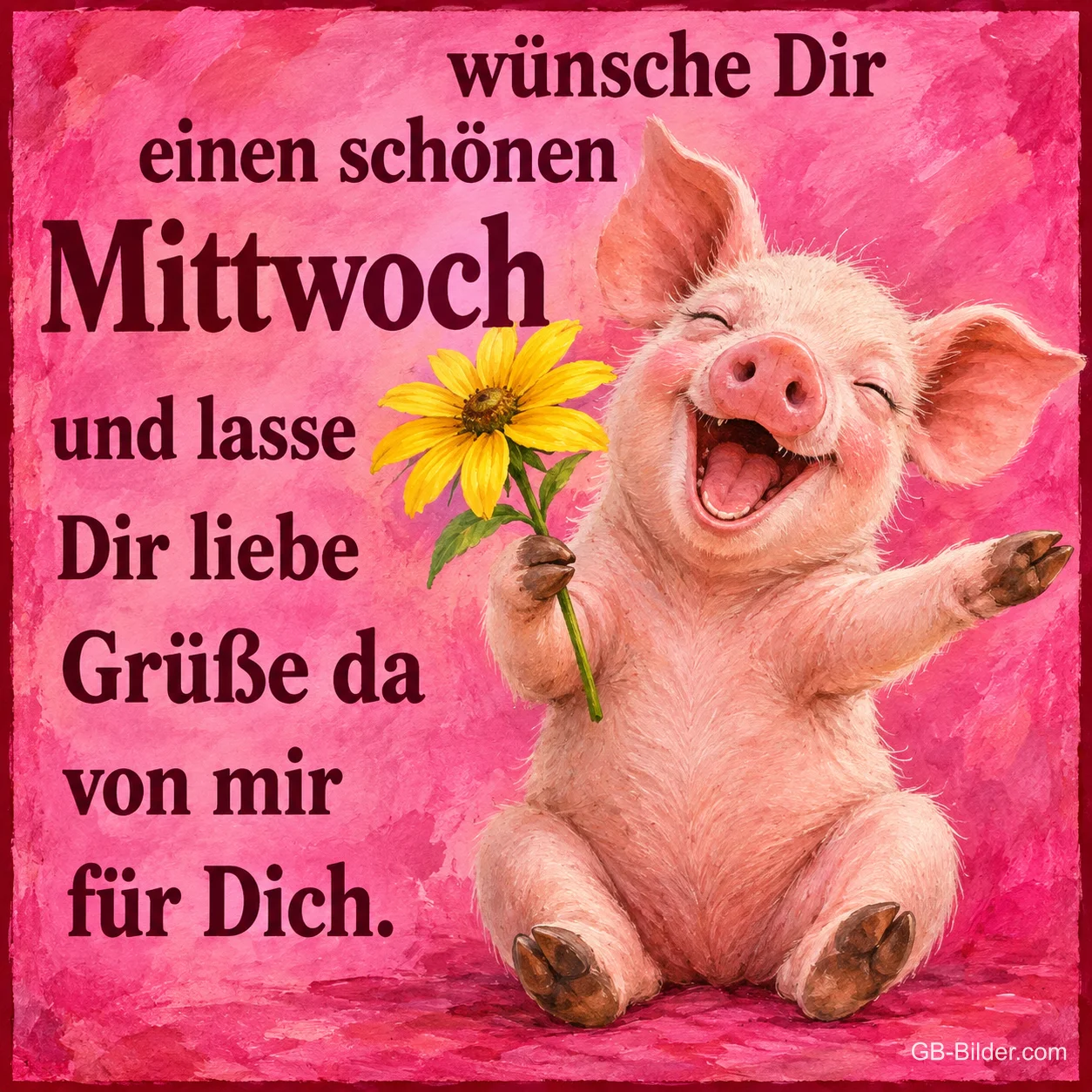 Lachendes Schweinchen hält eine gelbe Blume, Text: wünsche Dir einen schönen Mittwoch und lasse Dir liebe Grüße da von mir für Dich.