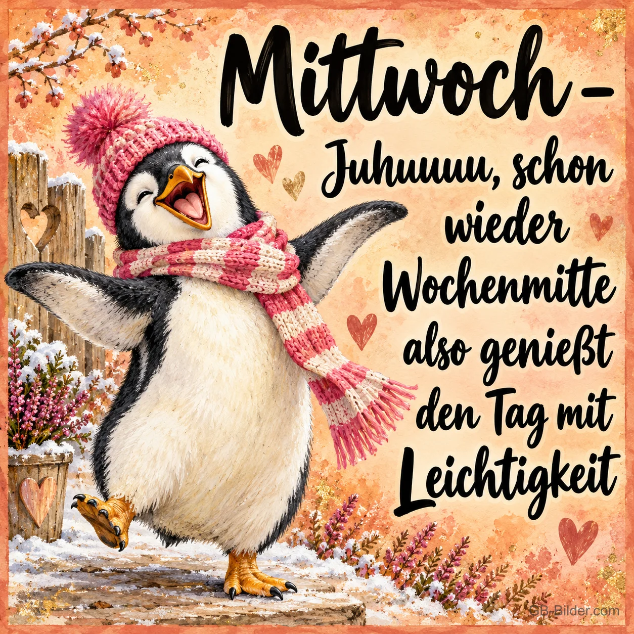 Pinguin mit Mütze und Schal tanzt fröhlich, Text: Mittwoch – Juhuuuu, schon wieder Wochenmitte also genießt den Tag mit Leichtigkeit