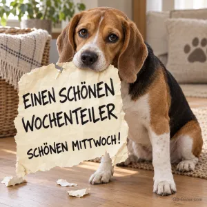 Beagle mit Schild, Text: EINEN SCHÖNEN WOCHENTEILER