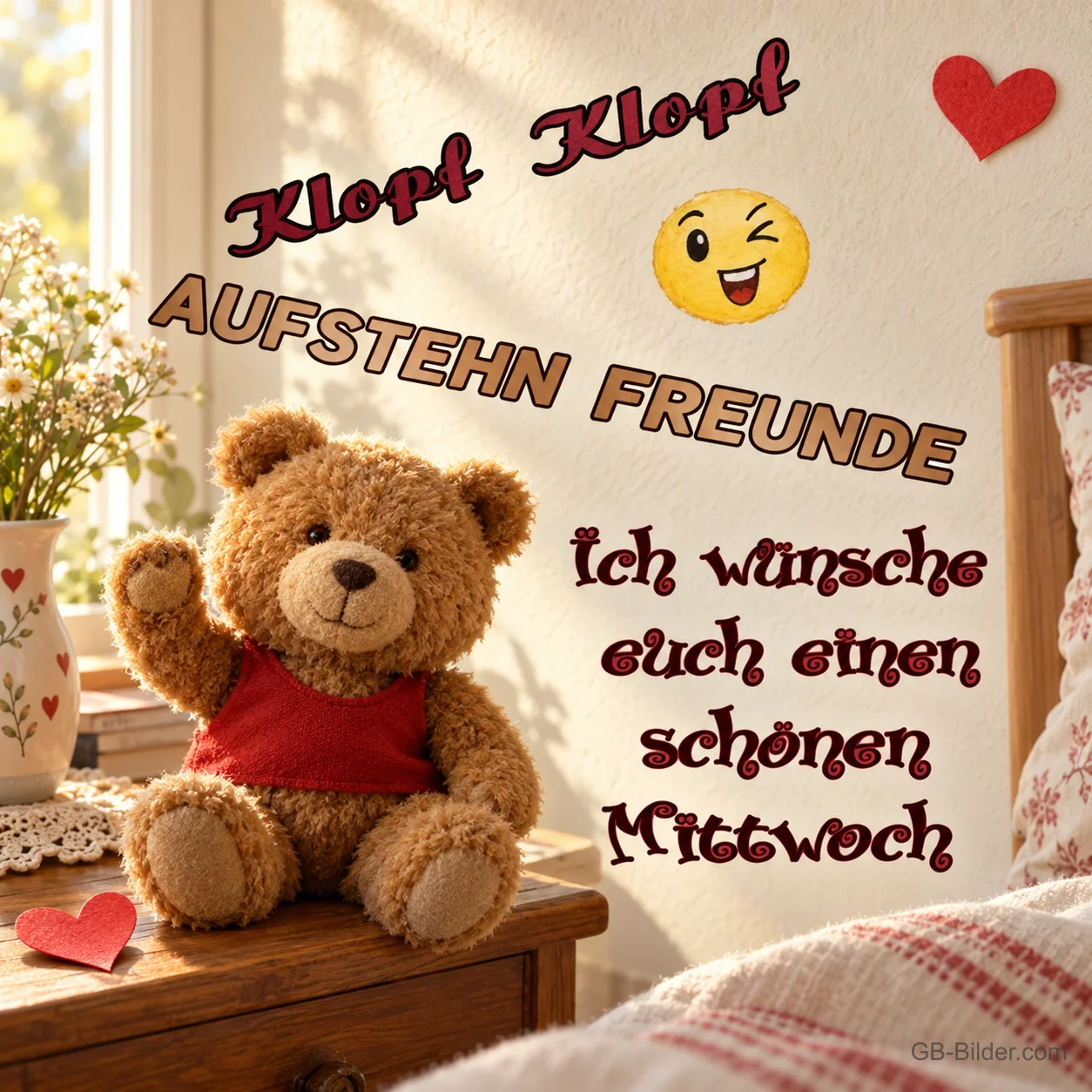 Winkender Teddybär auf einem Nachttisch im sonnigen Schlafzimmer, Text: Klopf Klopf – Aufstehn, Freunde! Ich wünsche euch einen schönen Mittwoch