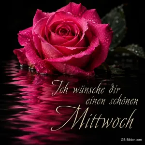 Rote Rose mit Tautropfen spiegelt sich im dunklen Wasser, Text: Ich wünsche dir einen schönen Mittwoch