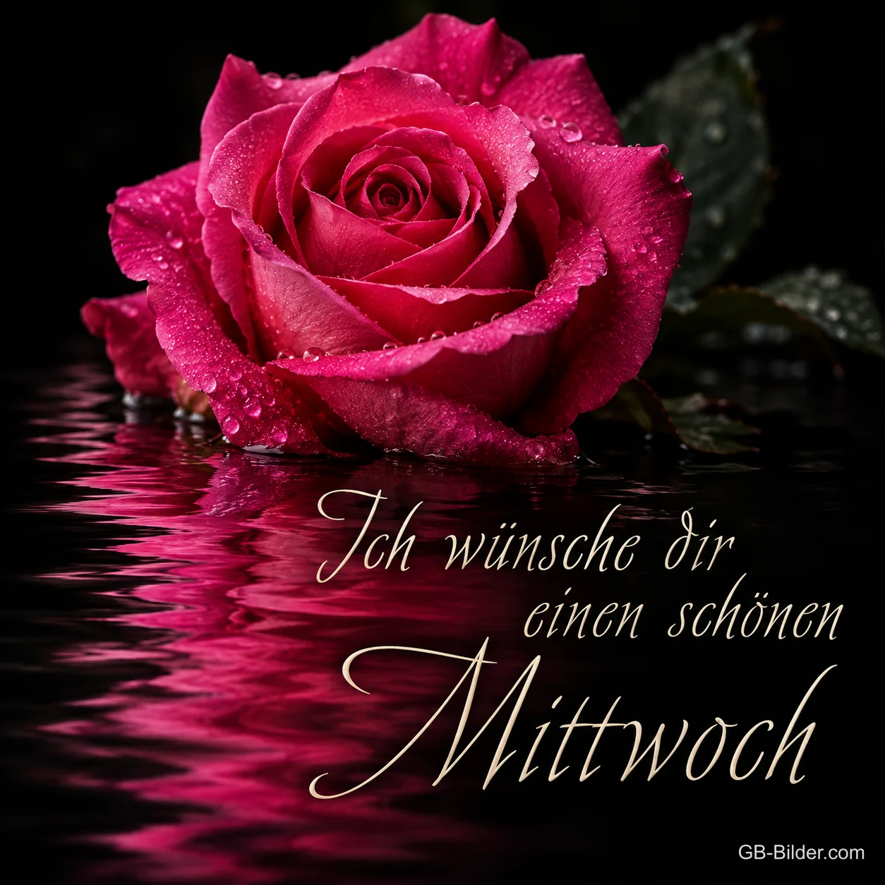 Rote Rose mit Tautropfen spiegelt sich im dunklen Wasser, Text: Ich wünsche dir einen schönen Mittwoch