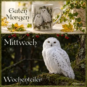 Schneeeule auf einem Ast unter einer Tasse mit Eulenmotiv, Text: Guten Morgen – Mittwoch – Wochenteiler
