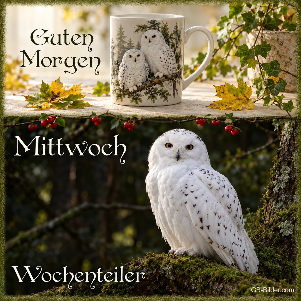 Schneeeule auf einem Ast unter einer Tasse mit Eulenmotiv, Text: Guten Morgen – Mittwoch – Wochenteiler